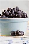 Dish of fresh blueberries on a blue and white cloth