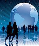 People and a large earth globe, conceptual business illustration.