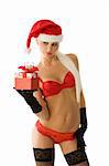 sensual blond in red lingerie with hat and christmas present