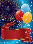 Holiday decoration with fireworks, balloons and banner