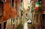 Artistic work of my own in retro style - Postcard from Italy. - Narrow canal Venice.