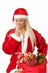 nice and blond santa claus with a lot of present looking hesitant