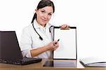 attractive brunette woman at desk. over white background