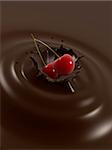 3d rendered illustration of a cherry falling into molten chocolate