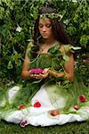 Mother Nature looking upon some of her many beautiful creations in her enchanted garden.  This indoor studio shoot is a compilation of many fresh flowers, grass, tree branches and bushes.