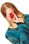 hippie girl wearing red eyeglasses (white background)