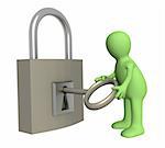 Person puppet opening lock by a key. Objects over white