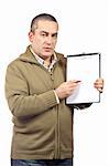Serious casual man holding a blank clipboard, over white background