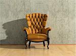 brown royal vintage armchair in grey room (3D rendering)
