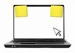 hollow notebook with cursor and yellow notes, natural shadow in front, focus set on the screen