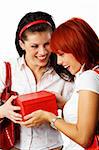 two young cute women with red gift