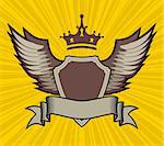 vector illustration of shield, crown and wings set on yellow patterned background