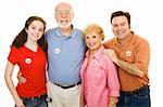 Family of American voters ranging in age from teen to senior.  Isolated on white.  I Voted stickers are generic, not trademarked.