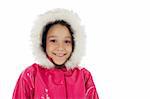 Young girl smiling in a pink raincoat with woolly hood