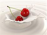 3d rendered illustration of cherries falling into milk