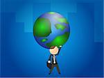 A vector illustration of a businessman in a suit holding the earth in one hand and a breifcase in the other