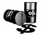 Oil drums and a dollar symbol of leaking oil representing the burden on the dollar by the oil markets