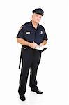 Police officer in uniform with his citation book.  Full body isolated on white.