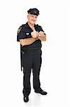 Policeman giving the thumbs up sign.  Full body isolated on white.