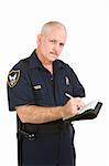 Mature police officer with serious expression writing up your traffic ticket.  Isolated on white.