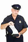 Police officer tearing a blank (generic) citation from his ticket book.  Isolated on white.