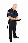 Mature police officer writing a ticket.  Full body isolated on white.