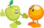 A conceptual vector illustration of an apple and orange shaking hands. Opposites attract, or different but equal, or perhaps a diverse partnership.