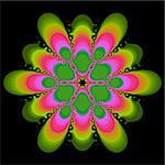 An abstract image in bright shades of pink, orange, and green on a black background.