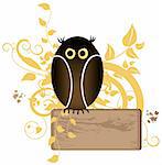 Banner - owl on top of old wooden board with copy-space for text