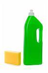 Yellow sponge and green bottle with dish soap on white background