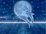 Dolphins in the night jumping on the moon