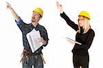 construction worker pointing on architectural plans and architect