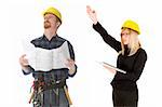 construction worker pointing on architectural plans and architect