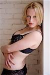 voluptuous blonde woman in black lace bra