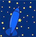 blue rocket ship in the sky with stars