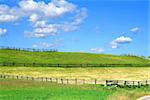 summer country view with fields and wooden fences, focus set in foreground