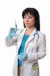 Doctor holding a syringe filled with a pharmaceutical drug.