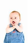 six month old baby wearing jeans overall with the american flag isolated on white