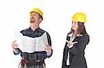 construction worker and businesswoman with architectural plans