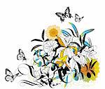 abstract floral background with lilies and butterflies