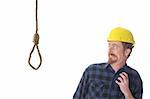 confused construction worker looking at gallows on white background