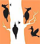 Illustration of a silhouette of woodpeckers sitting on a wood