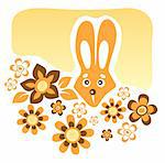 Cartoon rabbit with flowers on a yellow background.