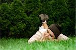 attractive brunette woman lying on grass