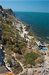 hiking camp on the rocky sea coast