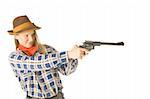 An isolated photo of a cowgirl with a gun