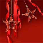 Christmas star ornaments against red holiday background