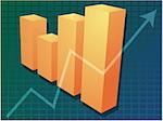 Three-d barchart and upwards line graph financial diagram illustration over square grid