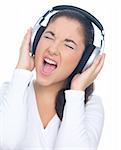 Woman singing loudly and listen to the music