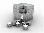 3d illustration of cube puzzle, construction, materila - stainless steel